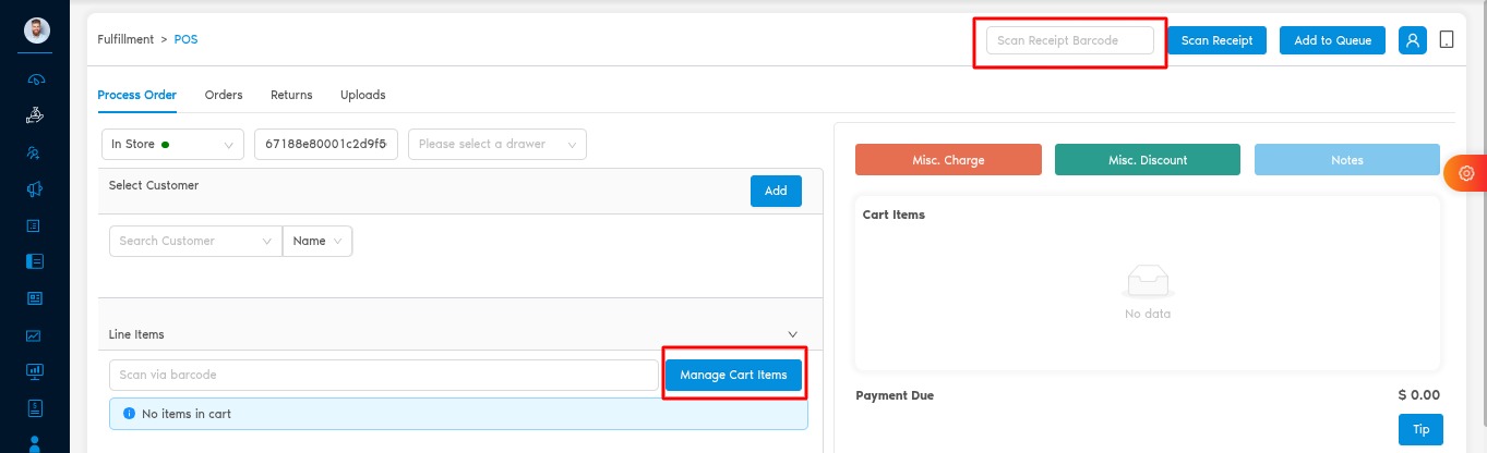 Scan Receipt Barcode and Manage Cart Items buttons
